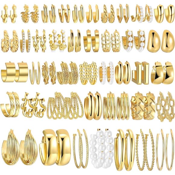 Women 42 Pairs Gold Multipack Twisted Statement Hoop Earrings Set - Picture 1 of 6